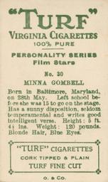 1933 Turf Personality Series Film Stars #30 Minna Gombell Back