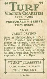 1933 Turf Personality Series Film Stars #31 Janet Gaynor Back
