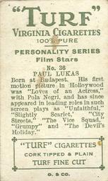 1933 Turf Personality Series Film Stars #36 Paul Lukas Back