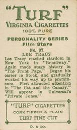1933 Turf Personality Series Film Stars #37 Lee Tracy Back