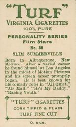 1933 Turf Personality Series Film Stars #38 Slim Summerville Back
