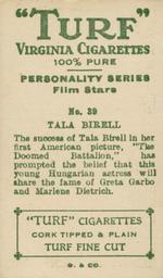1933 Turf Personality Series Film Stars #39 Tala Birell Back