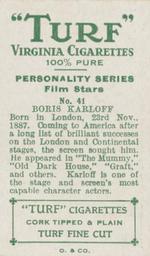 1933 Turf Personality Series Film Stars #41 Boris Karloff Back