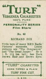 1933 Turf Personality Series Film Stars #42 Richard Dix Back