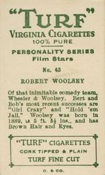1933 Turf Personality Series Film Stars #43 Robert Woolsey Back