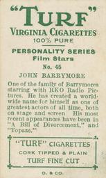 1933 Turf Personality Series Film Stars #45 John Barrymore Back