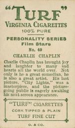 1933 Turf Personality Series Film Stars #49 Charlie Chaplin Back