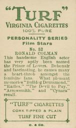1933 Turf Personality Series Film Stars #52 Ronald Colman Back