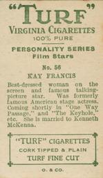 1933 Turf Personality Series Film Stars #56 Kay Francis Back