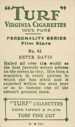 1933 Turf Personality Series Film Stars #61 Bette Davis Back