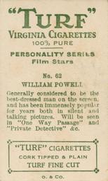 1933 Turf Personality Series Film Stars #62 William Powell Back