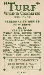 1933 Turf Personality Series Film Stars #63 Claire Dodd Back