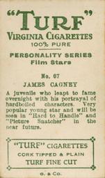 1933 Turf Personality Series Film Stars #67 James Cagney Back