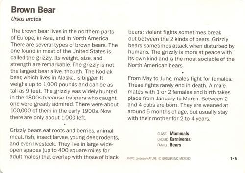 1991-95 Grolier Wildlife Adventure Cards #1.5 Brown Bear Back