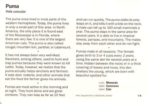 1991-95 Grolier Wildlife Adventure Cards #1.8 Puma Back