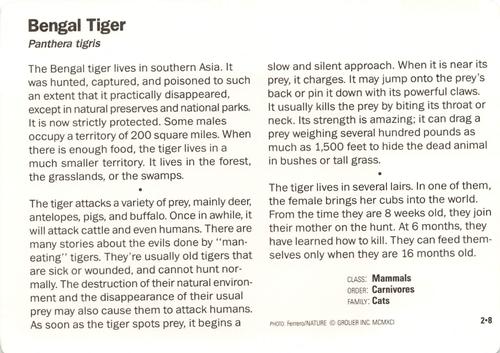 1991-95 Grolier Wildlife Adventure Cards #2.8 Bengal Tiger Back