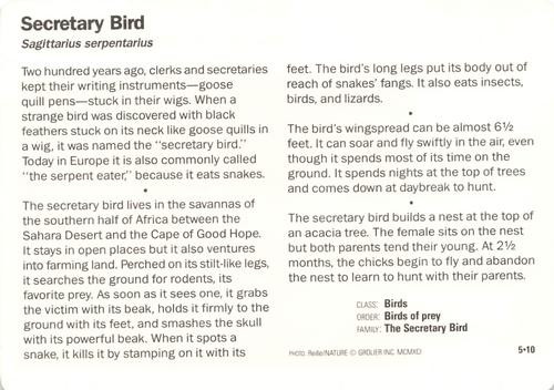 1991-95 Grolier Wildlife Adventure Cards #5.10 Secretary Bird Back