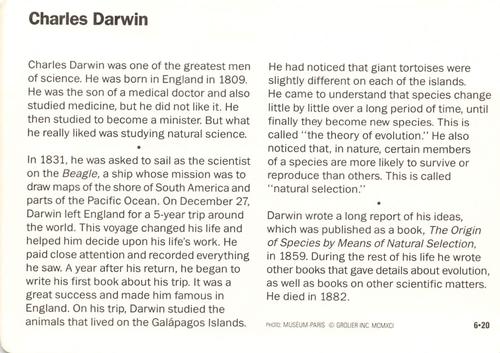 1991-95 Grolier Wildlife Adventure Cards #6.20 Charles Darwin Back