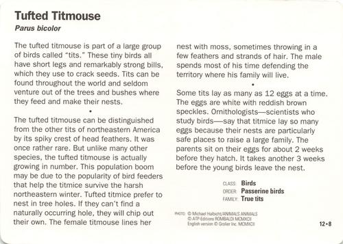 1991-95 Grolier Wildlife Adventure Cards #12.8 Tufted Titmouse Back