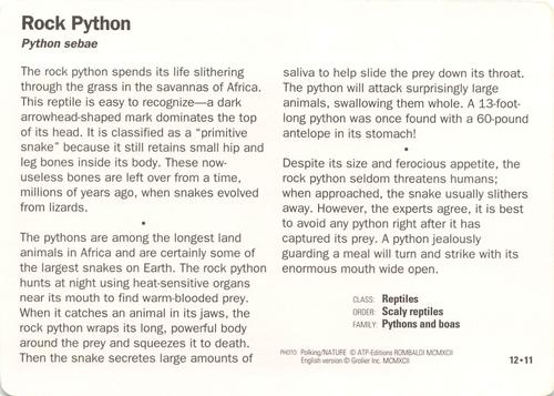 1991-95 Grolier Wildlife Adventure Cards #12.11 Rock Python Back