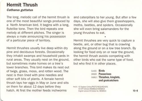 1991-95 Grolier Wildlife Adventure Cards #15.8 Hermit Thrush Back