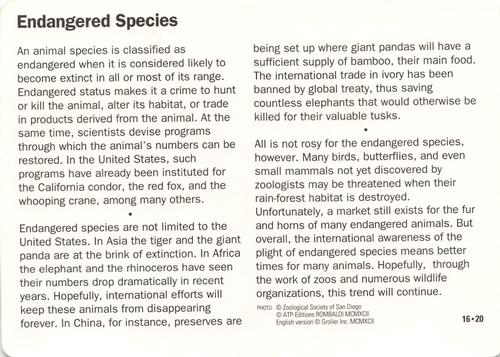 1991-95 Grolier Wildlife Adventure Cards #16.20 Endangered Species Back