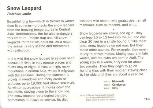 1991-95 Grolier Wildlife Adventure Cards #19.4 Snow Leopard Back