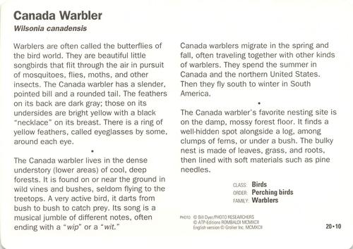 1991-95 Grolier Wildlife Adventure Cards #20.10 Canada Warbler Back