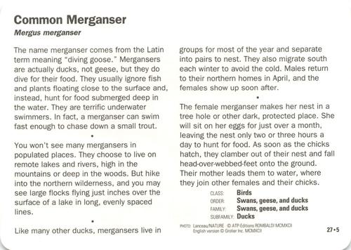 1991-95 Grolier Wildlife Adventure Cards #27.5 Common Merganser Back