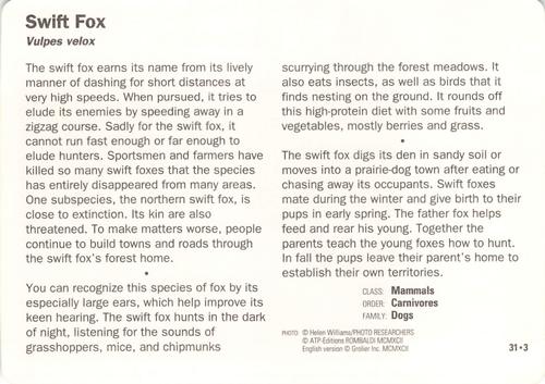 1991-95 Grolier Wildlife Adventure Cards #31.3 Swift Fox Back