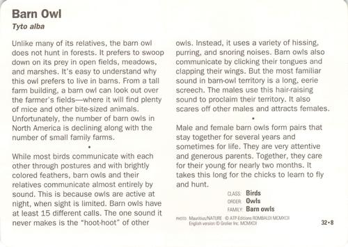 1991-95 Grolier Wildlife Adventure Cards #32.8 Barn Owl Back