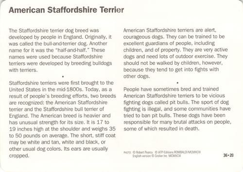 1991-95 Grolier Wildlife Adventure Cards #36.20 American Staffordshire Terrier Back