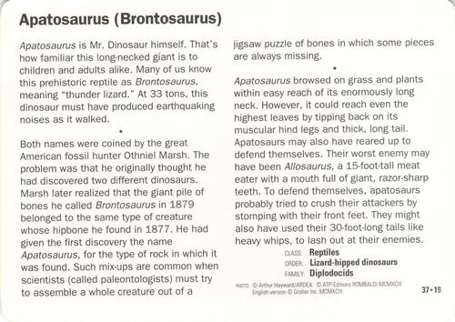 1991-95 Grolier Wildlife Adventure Cards #37.19 Apatosaurus (Brontosaurus) Back