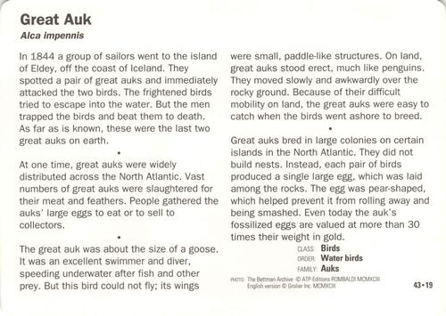 1991-95 Grolier Wildlife Adventure Cards #43.19 Great Auk Back