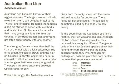1991-95 Grolier Wildlife Adventure Cards #51.6 Australian Sea Lion Back
