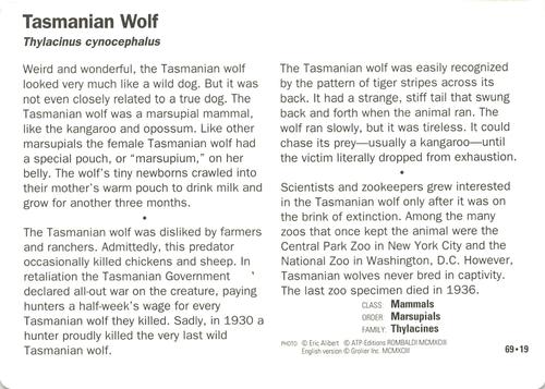 1991-95 Grolier Wildlife Adventure Cards #69.19 Tasmanian Wolf Back