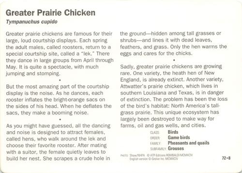 1991-95 Grolier Wildlife Adventure Cards #72.8 Greater Prairie Chicken Back
