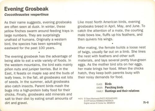1991-95 Grolier Wildlife Adventure Cards #75.8 Evening Grosbeak Back
