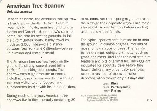 1991-95 Grolier Wildlife Adventure Cards #61.7 American Tree Sparrow Back