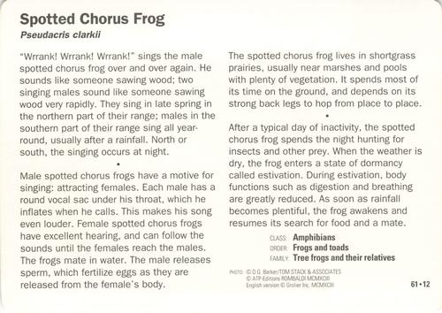 1991-95 Grolier Wildlife Adventure Cards #61.12 Spotted Chorus Frog Back