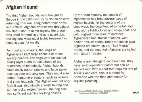 1991-95 Grolier Wildlife Adventure Cards #92.20 Afghan Hound Back