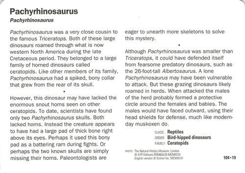 1991-95 Grolier Wildlife Adventure Cards #104.19 Pachyrhinosaurus Back