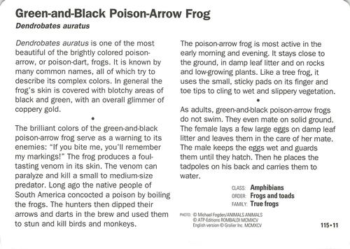 1991-95 Grolier Wildlife Adventure Cards #115.11 Green-and-Black Poison-Arrow Frog Back