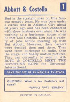 1955 Parkhurst Movie and TV Stars (V339-8) #1 Bud Abbott / Lou Costello Back