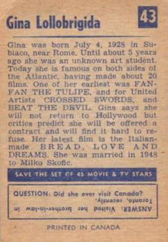 1955 Parkhurst Movie and TV Stars (V339-8) #43 Gina Lollobrigida Back