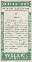 1923 Wills's Motor Cars #17 Talbot Back