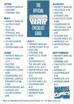 1992 Marvel Infinity War Checklist #NNO The Official Infinity War Checklist Card Back