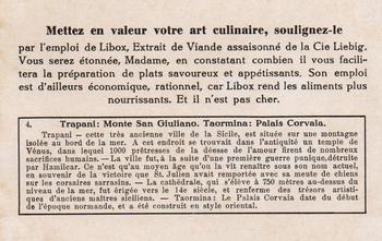 1930 Liebig Joyaux D'Architecture Sicilienne (Gems of Sicilian Architecture)(French Text)(F1240, S1241) #4 Trapani : Monte San Giuliano. Taormina: Palais Corvaia Back