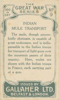1915 Gallaher The Great War Series #9 Indian Mule Transport. Back