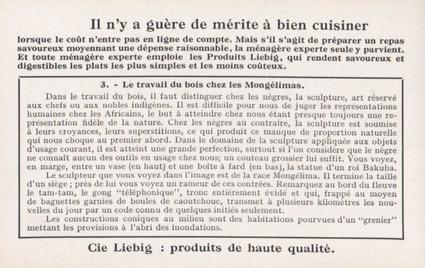 1934 Liebig La Vie Des Peuplades Congolaises (Life Among the Congolese)(French Text)(F1303, S1304) #3 La travail du bois chez les Mongelimas Back